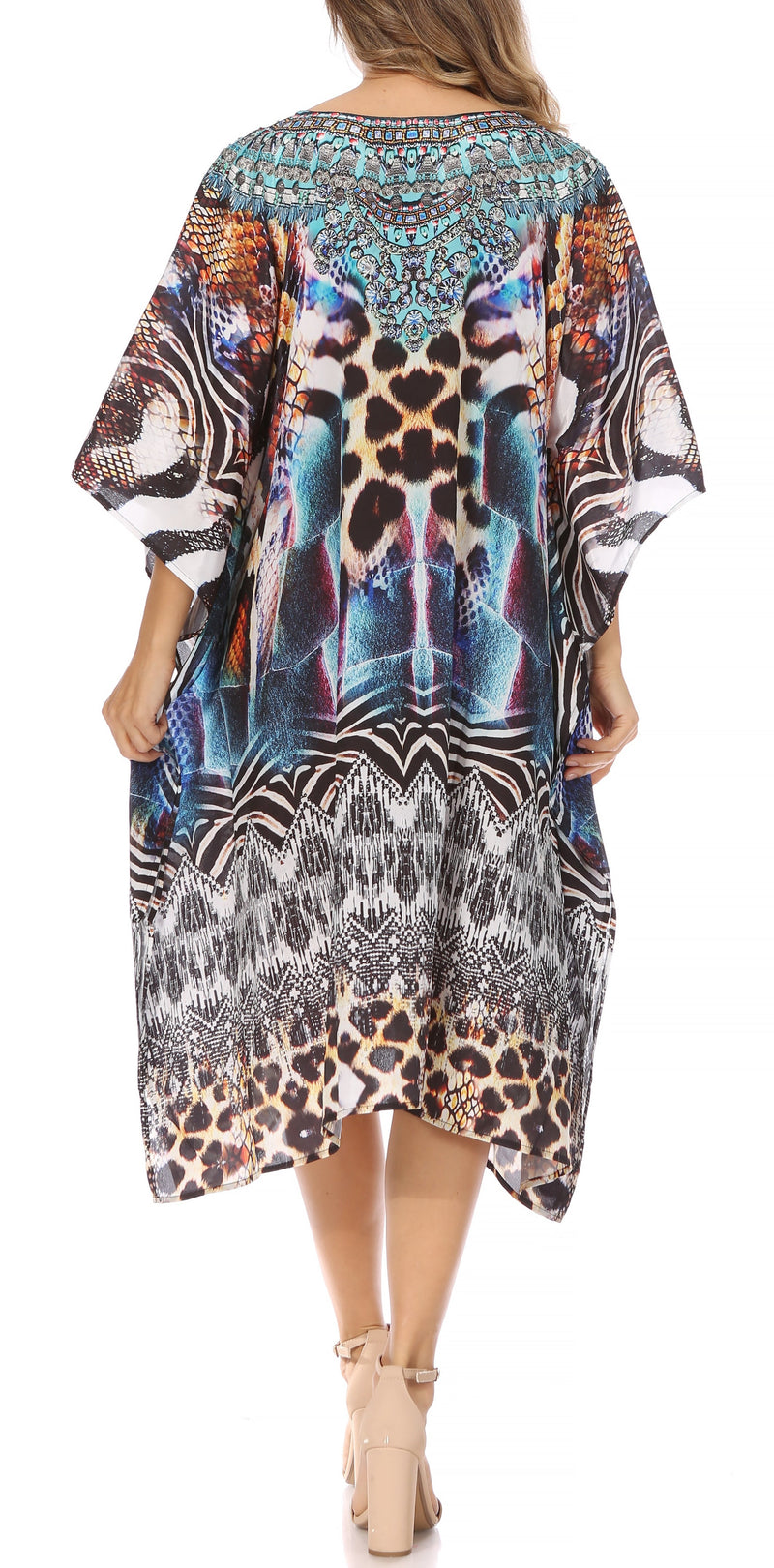 Sakkas Miui Ligthweight Rhinestone V Neck Printed Short Caftan Dress / Cover Up