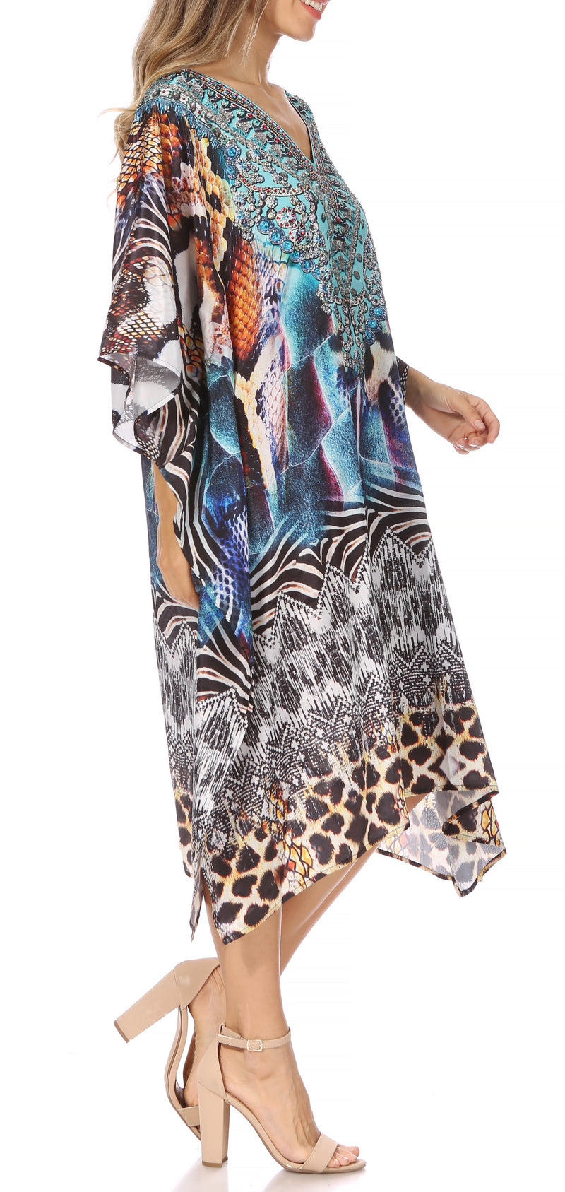 Sakkas Miui Ligthweight Rhinestone V Neck Printed Short Caftan Dress / Cover Up