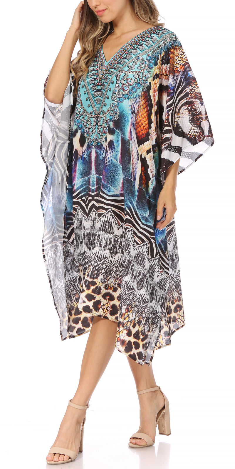 Sakkas Miui Ligthweight Rhinestone V Neck Printed Short Caftan Dress / Cover Up