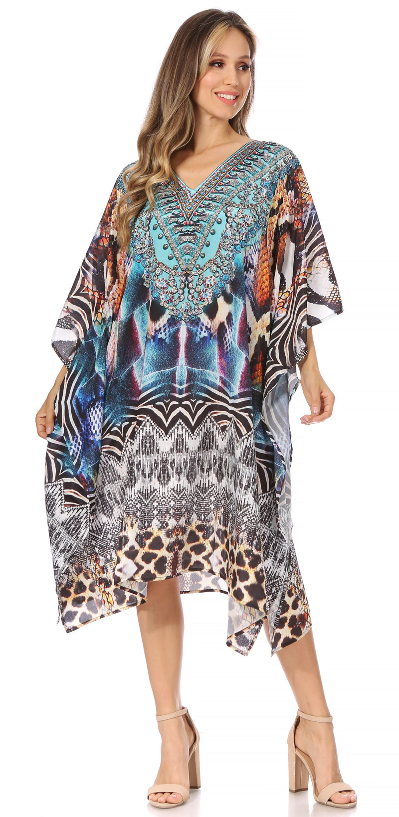 Sakkas Miui Ligthweight Rhinestone V Neck Printed Short Caftan Dress / Cover Up