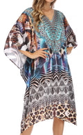 Sakkas Miui Ligthweight Rhinestone V Neck Printed Short Caftan Dress / Cover Up#color_SCBR226-Brown