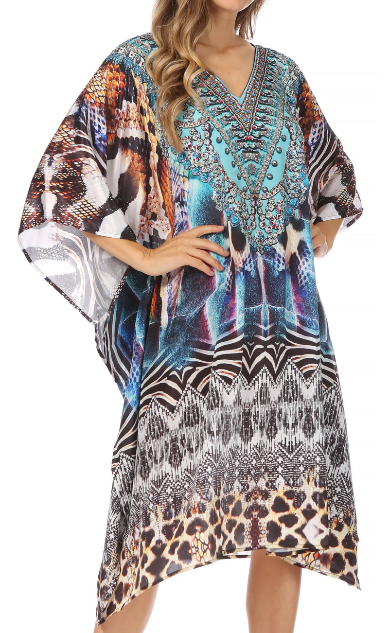 Sakkas Miui Ligthweight Rhinestone V Neck Printed Short Caftan Dress / Cover Up