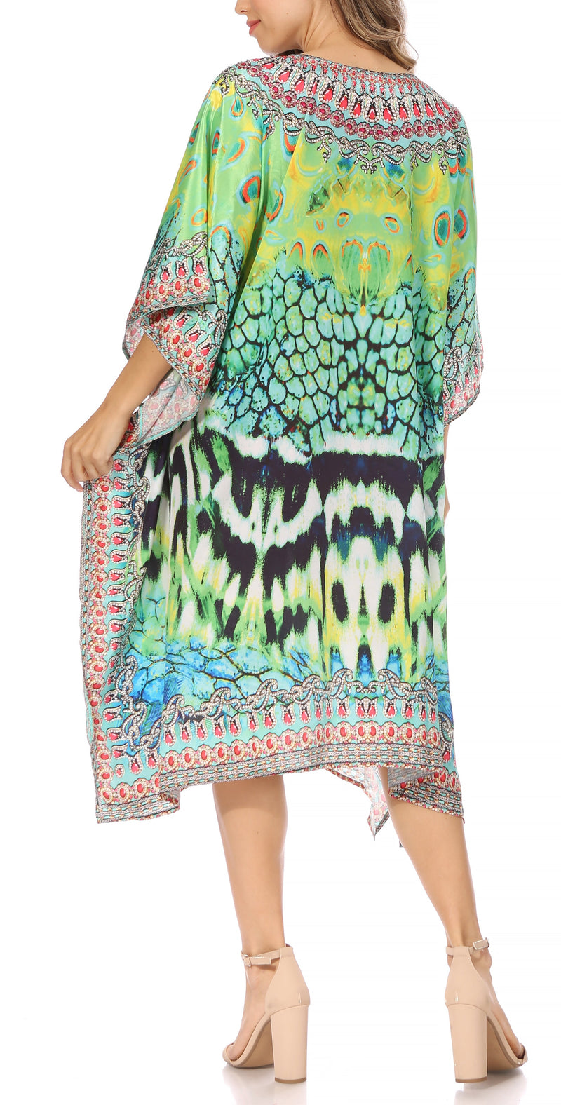 Sakkas Miui Ligthweight Rhinestone V Neck Printed Short Caftan Dress / Cover Up