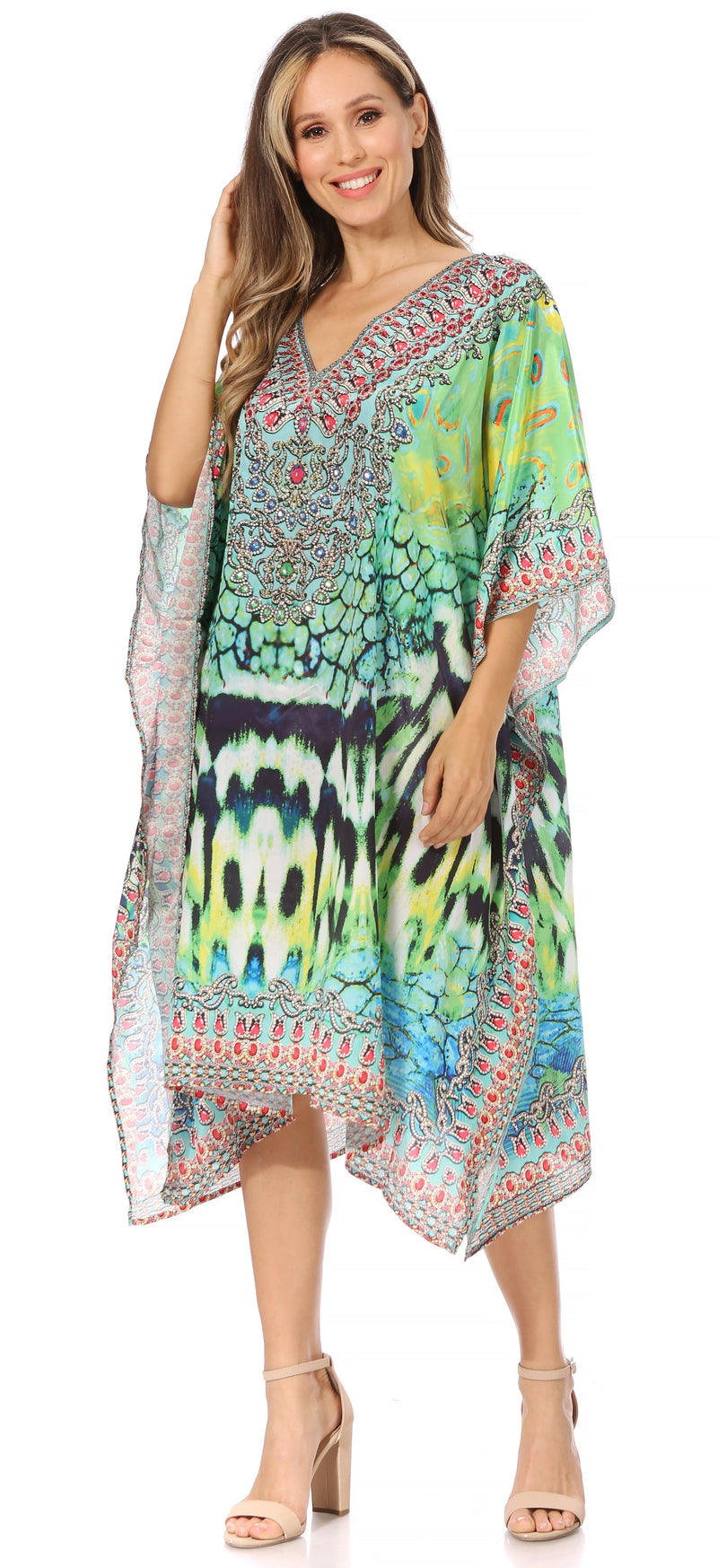 Sakkas Miui Ligthweight Rhinestone V Neck Printed Short Caftan Dress / Cover Up