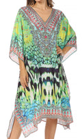Sakkas Miui Ligthweight Rhinestone V Neck Printed Short Caftan Dress / Cover Up#color_SCT52-Turquoise