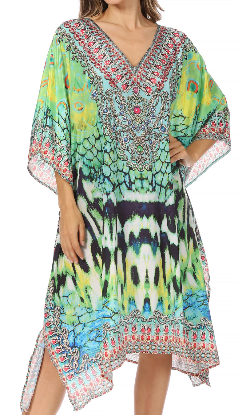 Sakkas Miui Ligthweight Rhinestone V Neck Printed Short Caftan Dress / Cover Up