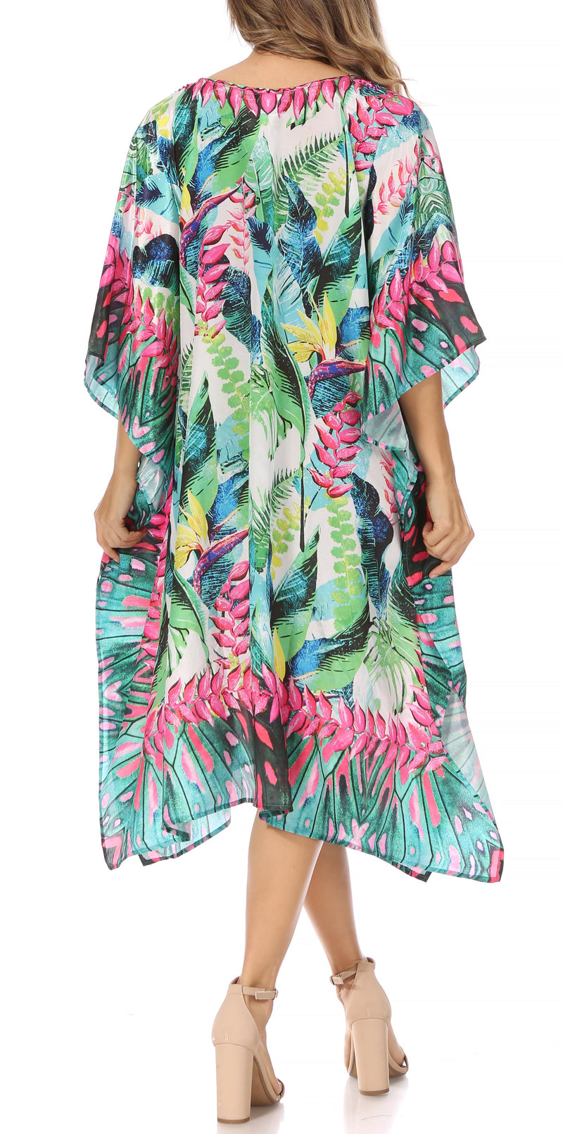 Sakkas Miui Ligthweight Rhinestone V Neck Printed Short Caftan Dress / Cover Up