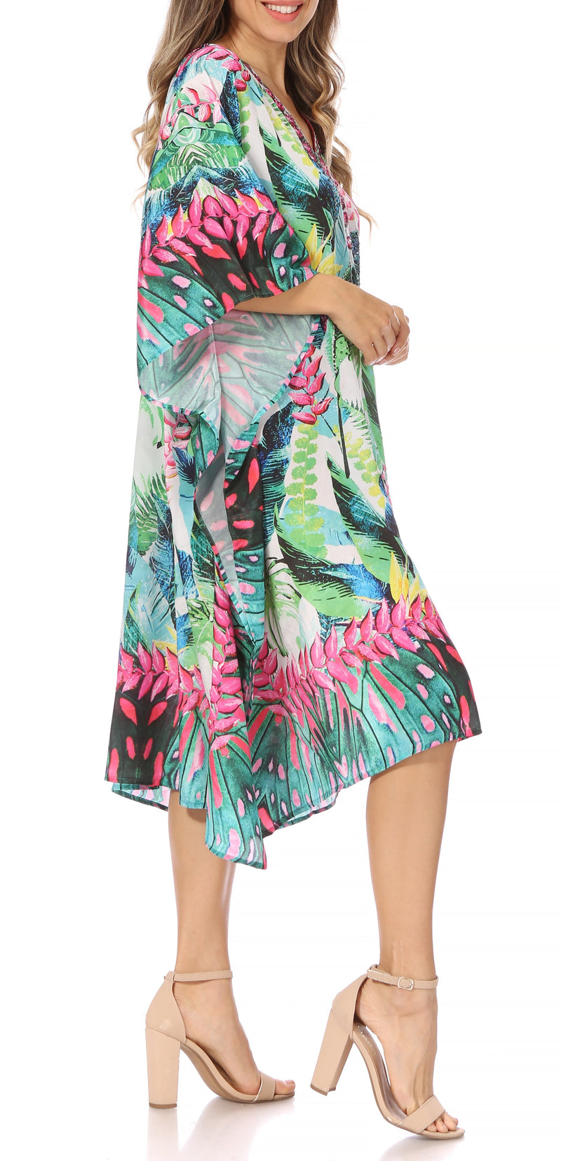 Sakkas Miui Ligthweight Rhinestone V Neck Printed Short Caftan Dress / Cover Up