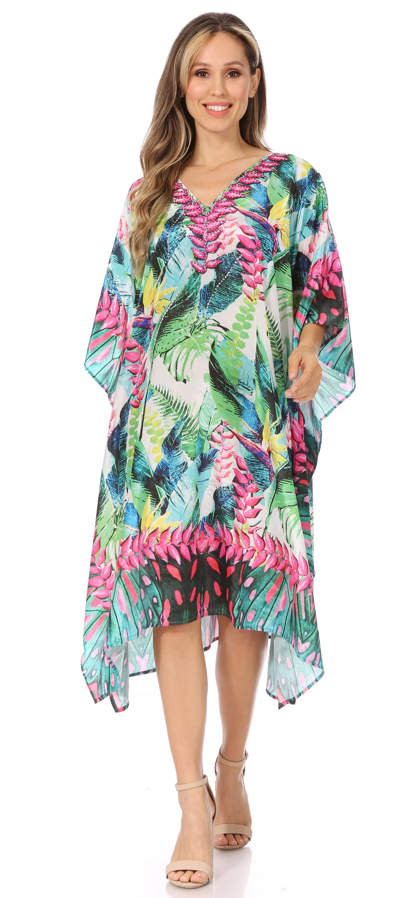 Sakkas Miui Ligthweight Rhinestone V Neck Printed Short Caftan Dress / Cover Up