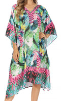 Sakkas Miui Ligthweight Rhinestone V Neck Printed Short Caftan Dress / Cover Up#color_TLG228-Green