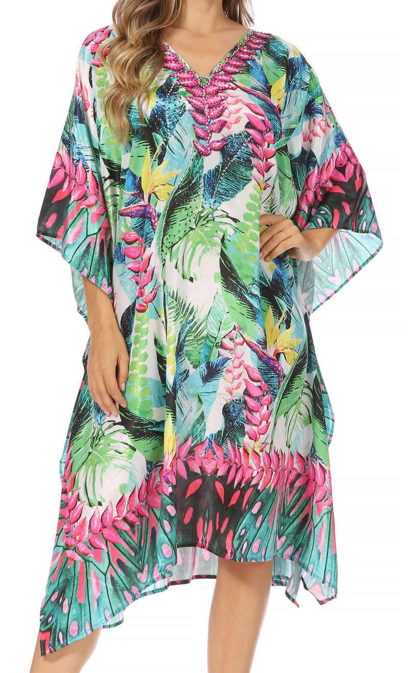 Sakkas Miui Ligthweight Rhinestone V Neck Printed Short Caftan Dress / Cover Up