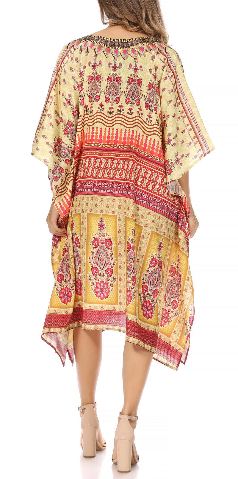 Sakkas Miui Ligthweight Rhinestone V Neck Printed Short Caftan Dress / Cover Up