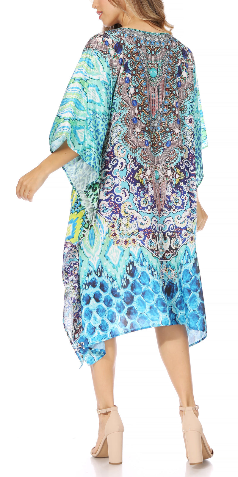 Sakkas Miui Ligthweight Rhinestone V Neck Printed Short Caftan Dress / Cover Up