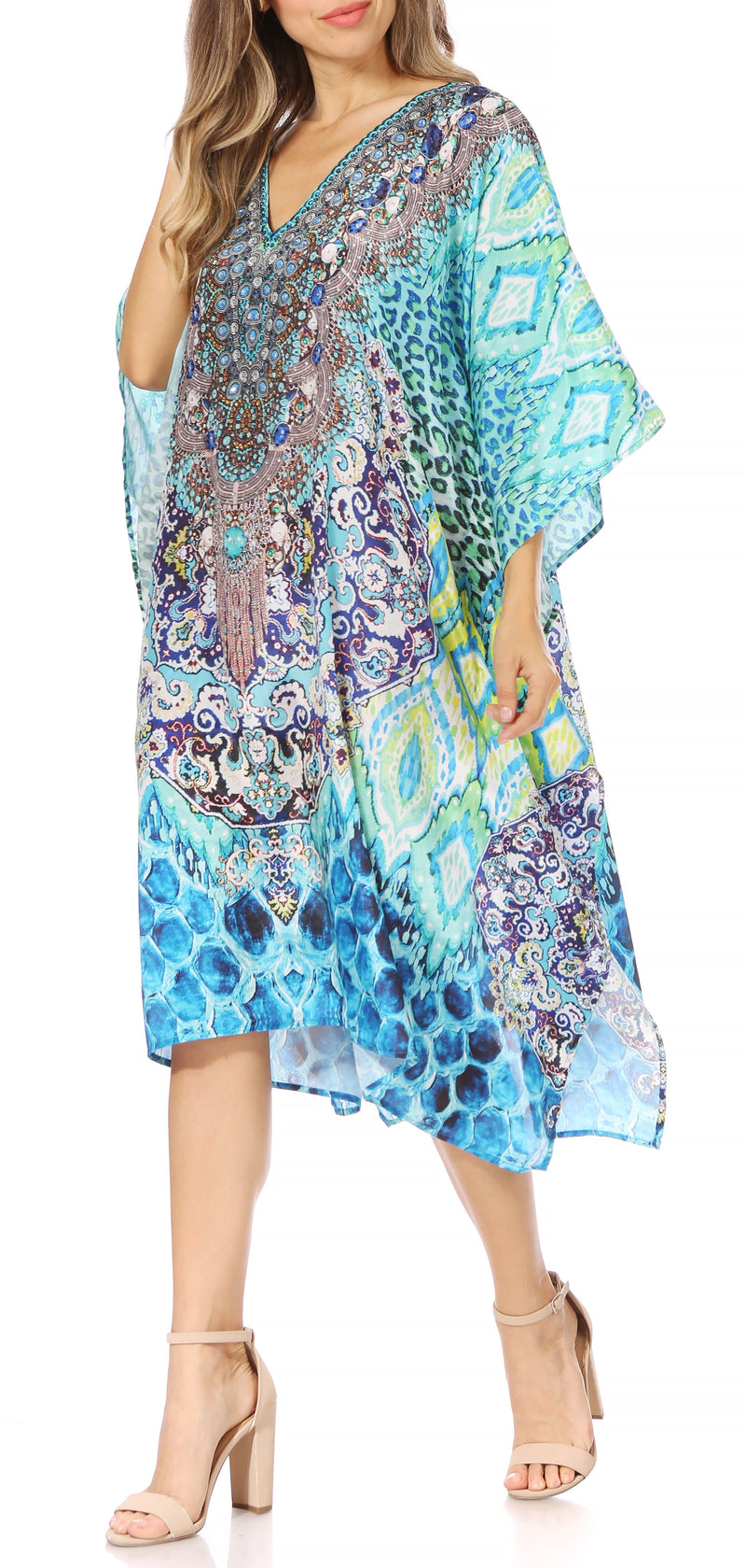 Sakkas Miui Ligthweight Rhinestone V Neck Printed Short Caftan Dress / Cover Up