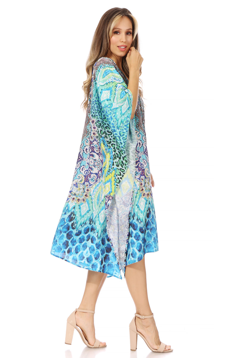 Sakkas Miui Ligthweight Rhinestone V Neck Printed Short Caftan Dress / Cover Up