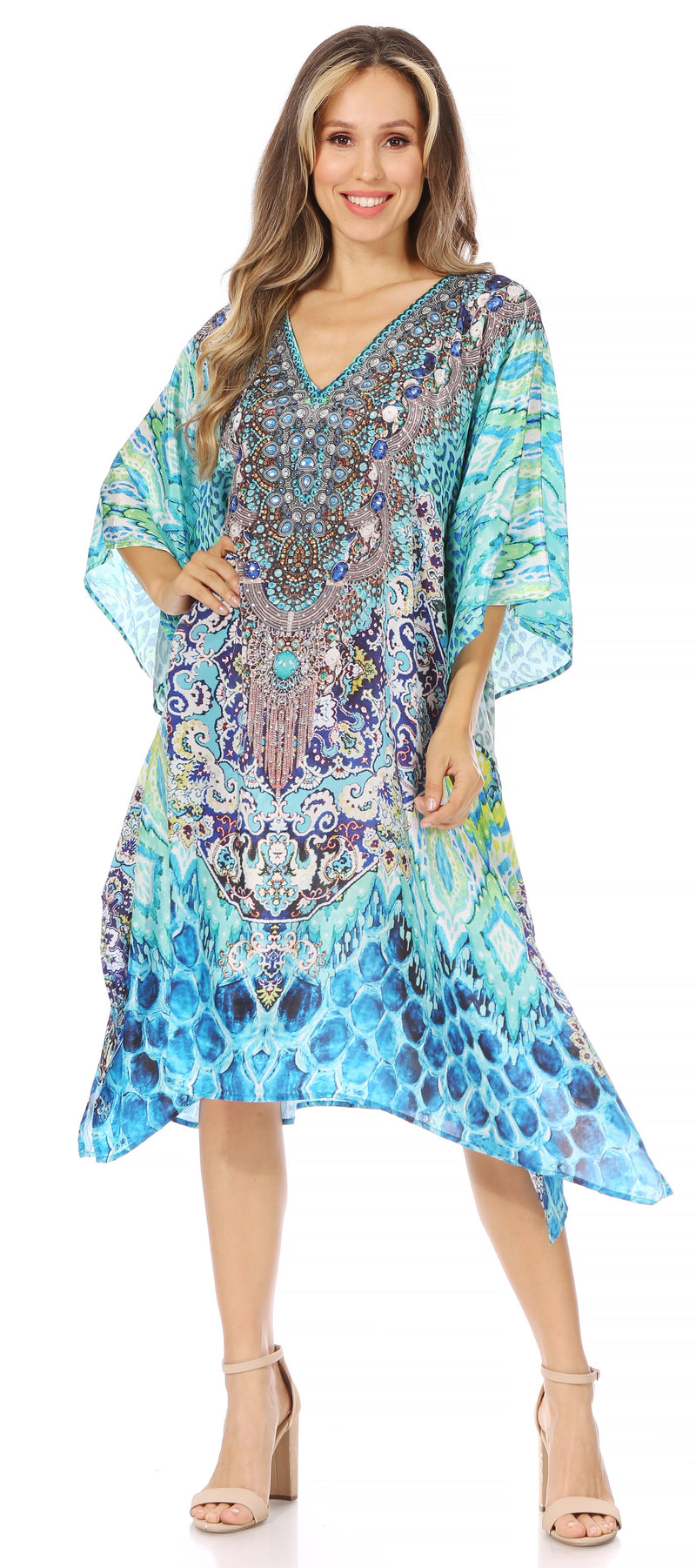 Sakkas Miui Ligthweight Rhinestone V Neck Printed Short Caftan Dress / Cover Up