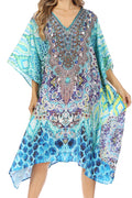 Sakkas Miui Ligthweight Rhinestone V Neck Printed Short Caftan Dress / Cover Up#color_TRG225-Green