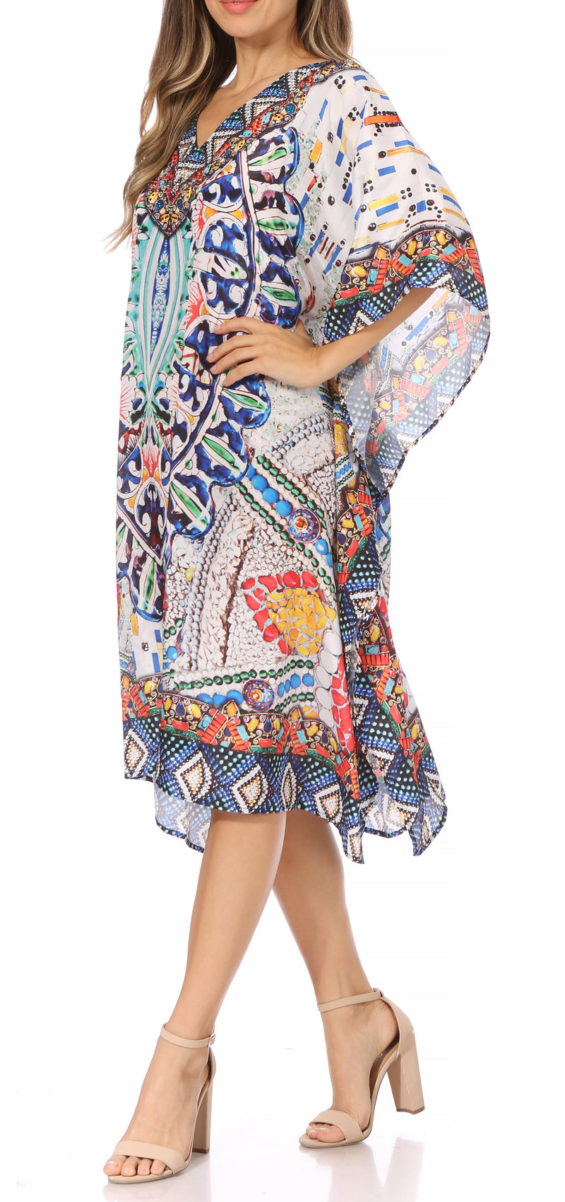 Sakkas Miui Ligthweight Rhinestone V Neck Printed Short Caftan Dress / Cover Up