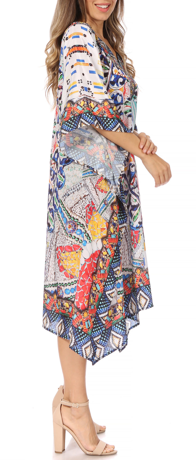 Sakkas Miui Ligthweight Rhinestone V Neck Printed Short Caftan Dress / Cover Up