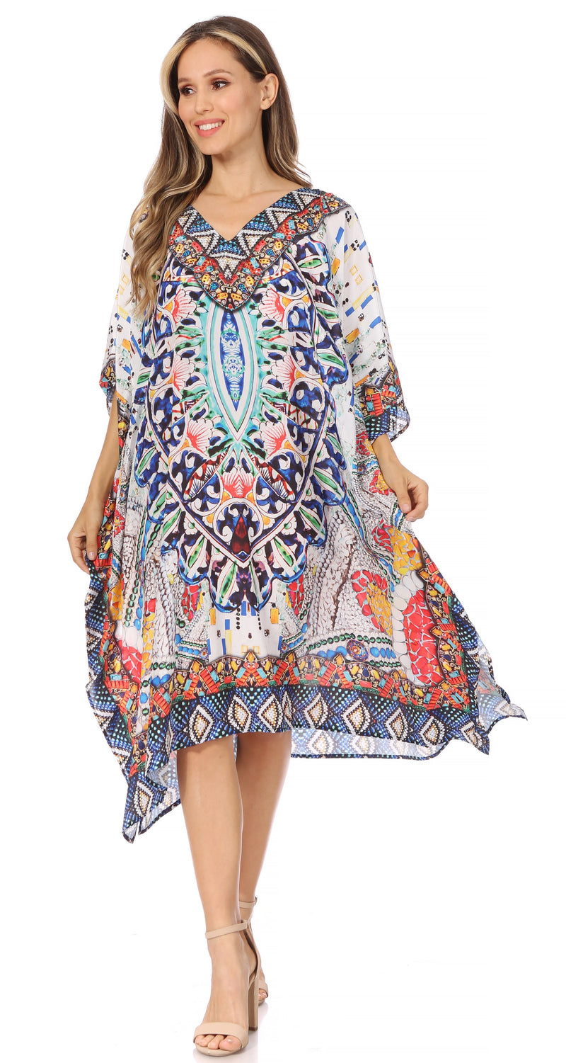 Sakkas Miui Ligthweight Rhinestone V Neck Printed Short Caftan Dress / Cover Up