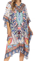 Sakkas Miui Ligthweight Rhinestone V Neck Printed Short Caftan Dress / Cover Up#color_TW18-White