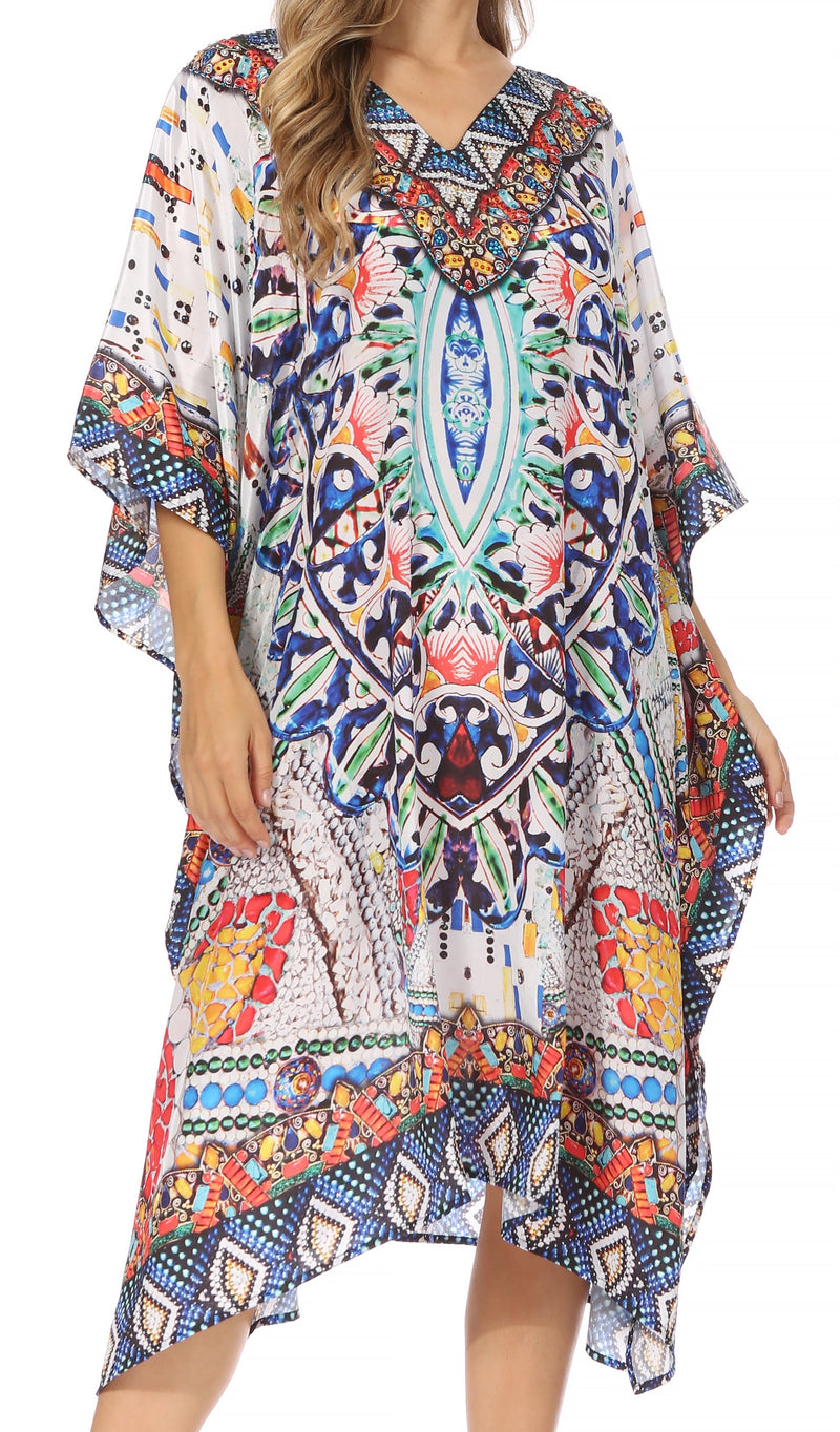 Sakkas Miui Ligthweight Rhinestone V Neck Printed Short Caftan Dress / Cover Up