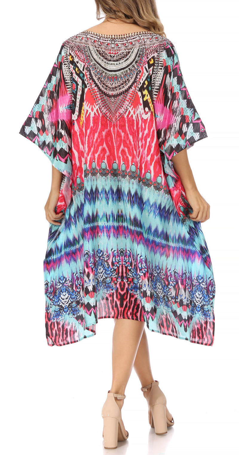 Sakkas Miui Ligthweight Rhinestone V Neck Printed Short Caftan Dress / Cover Up