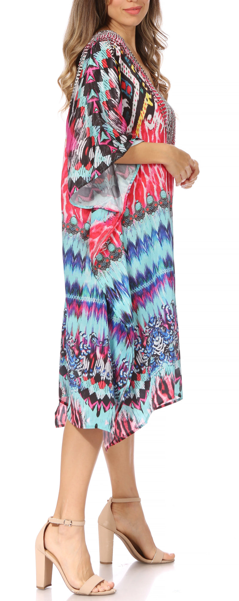 Sakkas Miui Ligthweight Rhinestone V Neck Printed Short Caftan Dress / Cover Up