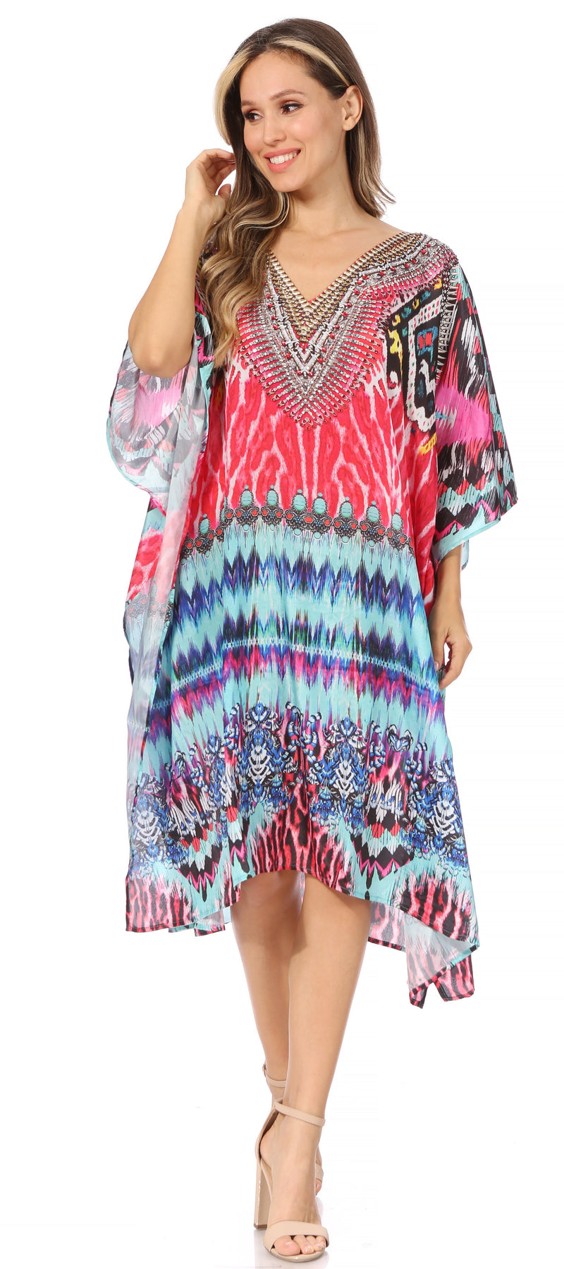 Sakkas Miui Ligthweight Rhinestone V Neck Printed Short Caftan Dress / Cover Up