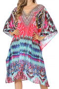 Sakkas Miui Ligthweight Rhinestone V Neck Printed Short Caftan Dress / Cover Up#color_UM232-Multi