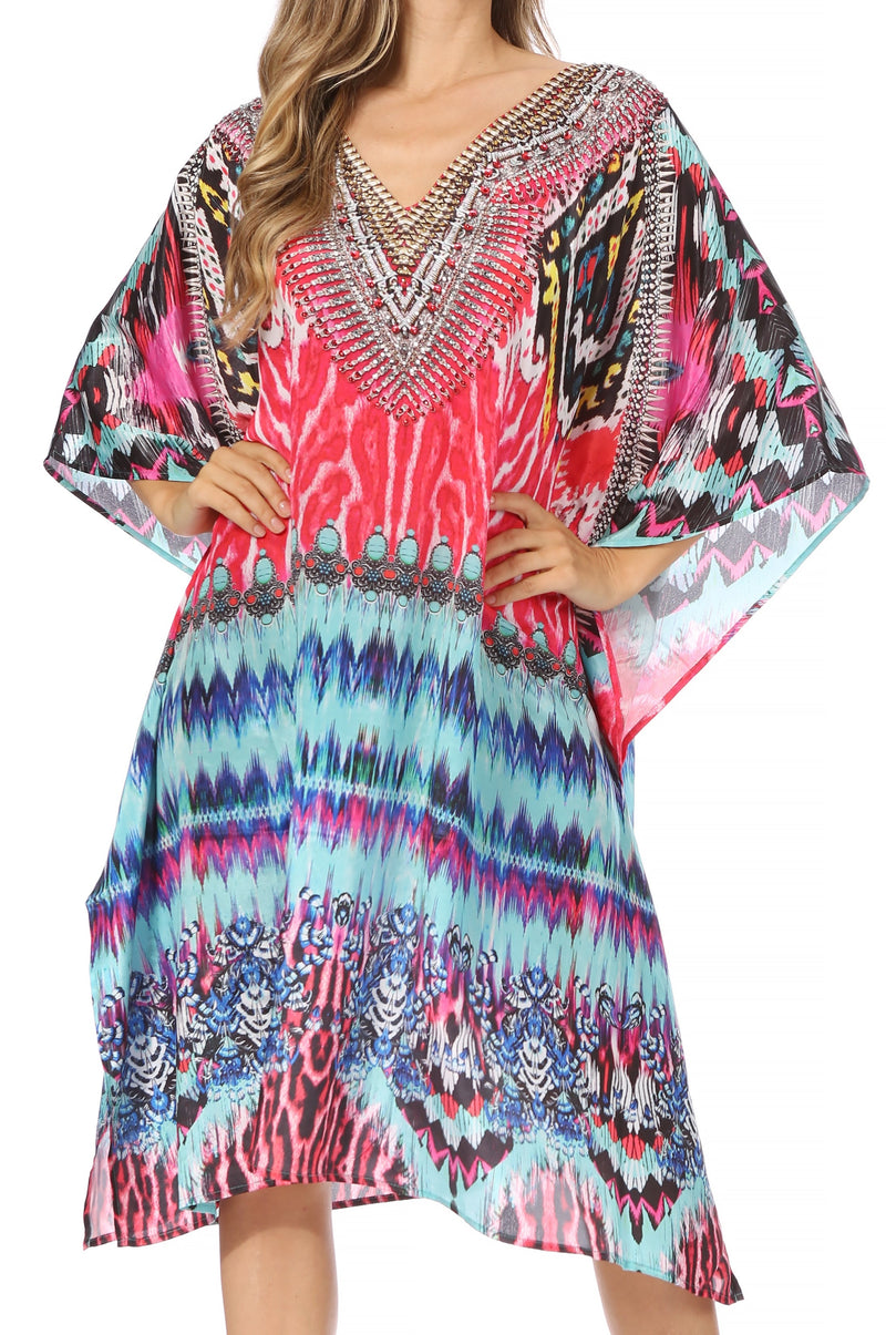 Sakkas Miui Ligthweight Rhinestone V Neck Printed Short Caftan Dress / Cover Up