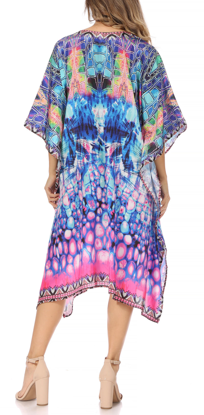 Sakkas Miui Ligthweight Rhinestone V Neck Printed Short Caftan Dress / Cover Up