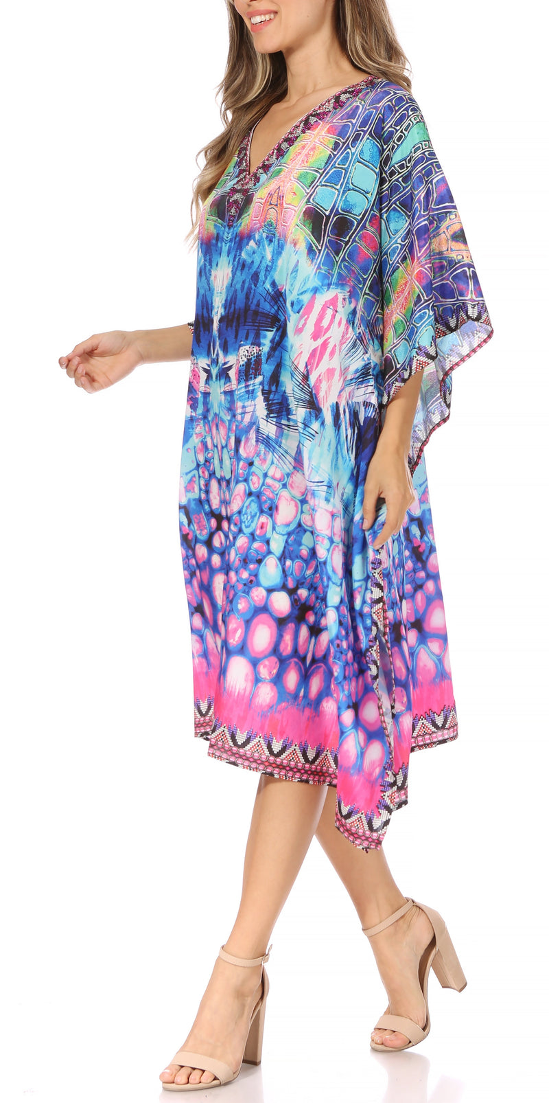 Sakkas Miui Ligthweight Rhinestone V Neck Printed Short Caftan Dress / Cover Up