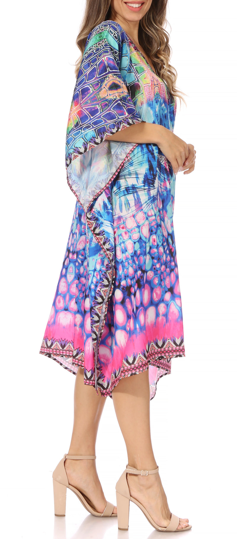 Sakkas Miui Ligthweight Rhinestone V Neck Printed Short Caftan Dress / Cover Up