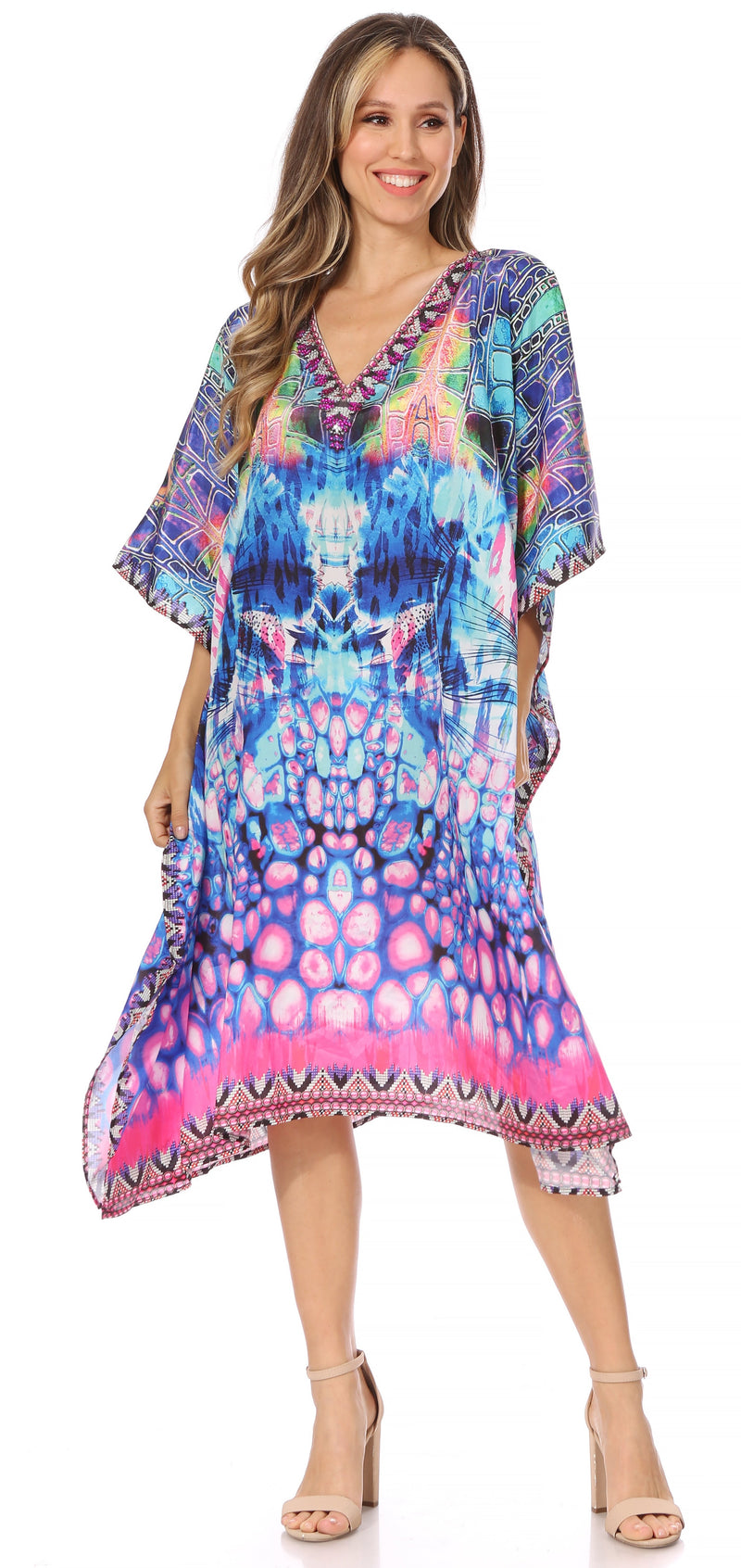 Sakkas Miui Ligthweight Rhinestone V Neck Printed Short Caftan Dress / Cover Up