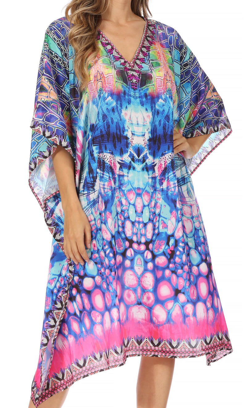 Sakkas Miui Ligthweight Rhinestone V Neck Printed Short Caftan Dress / Cover Up