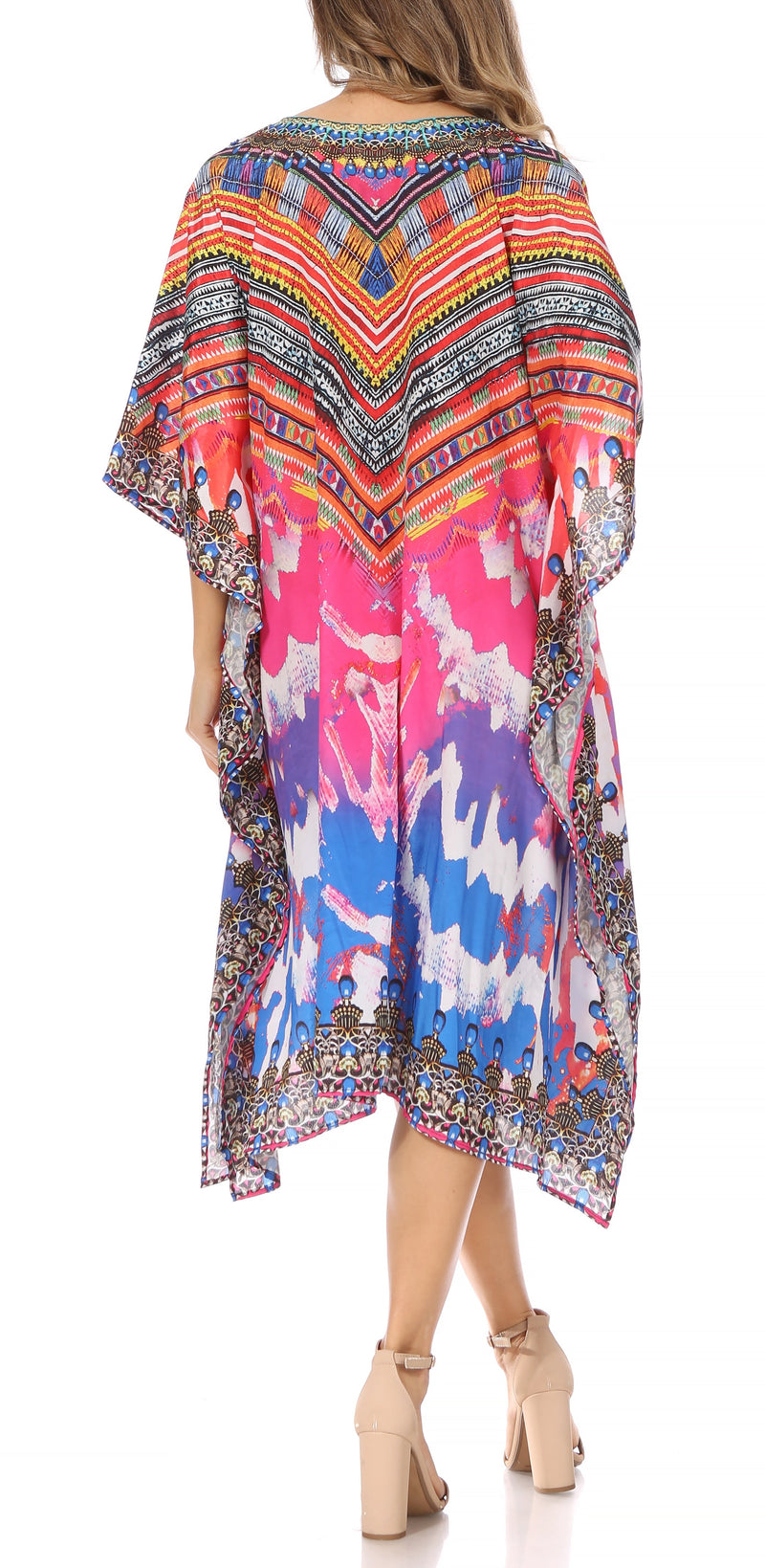 Sakkas Miui Ligthweight Rhinestone V Neck Printed Short Caftan Dress / Cover Up