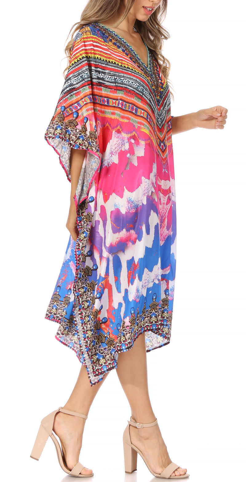 Sakkas Miui Ligthweight Rhinestone V Neck Printed Short Caftan Dress / Cover Up