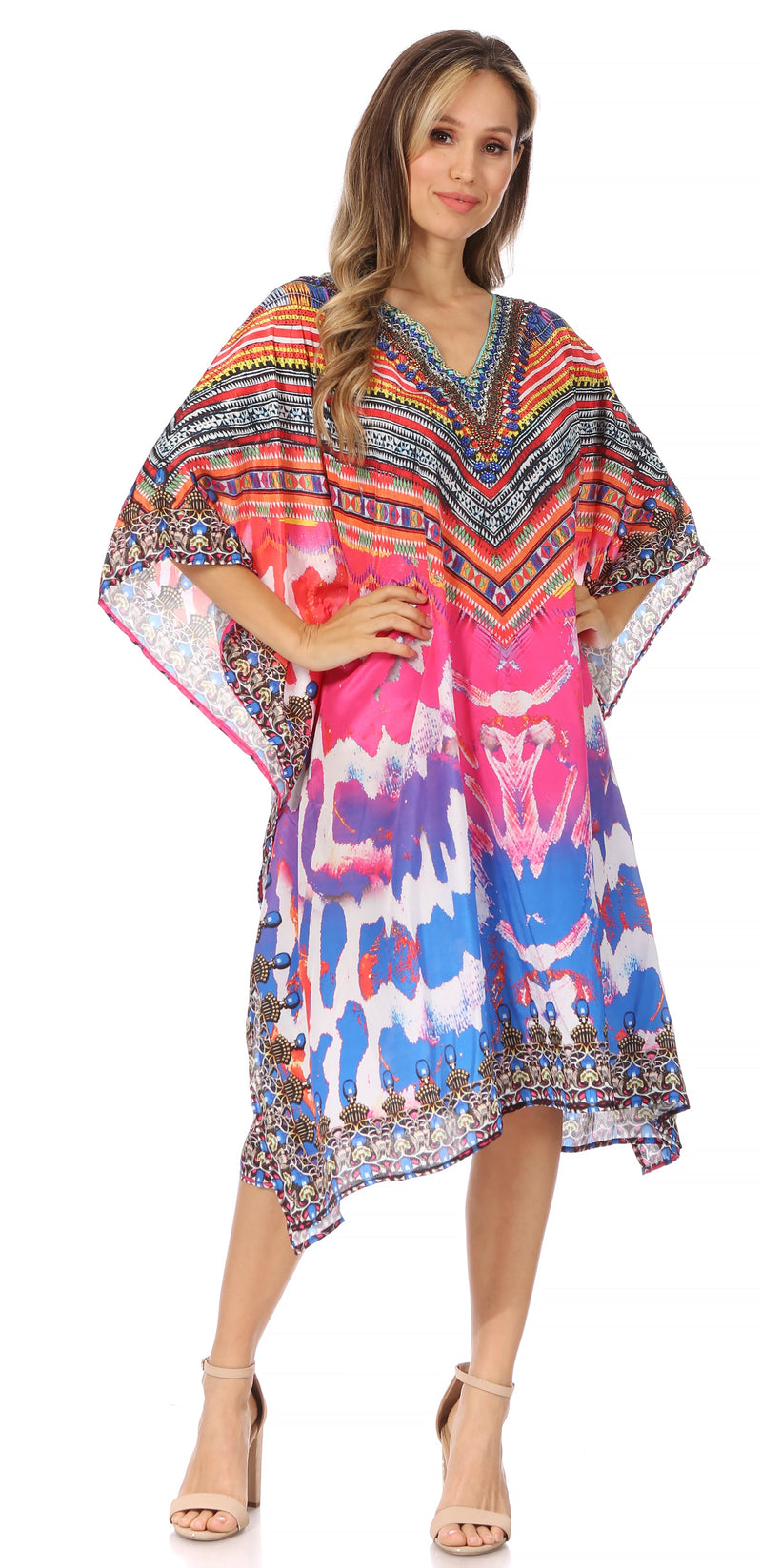 Sakkas Miui Ligthweight Rhinestone V Neck Printed Short Caftan Dress / Cover Up