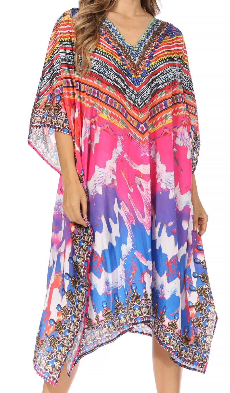 Sakkas Miui Ligthweight Rhinestone V Neck Printed Short Caftan Dress / Cover Up