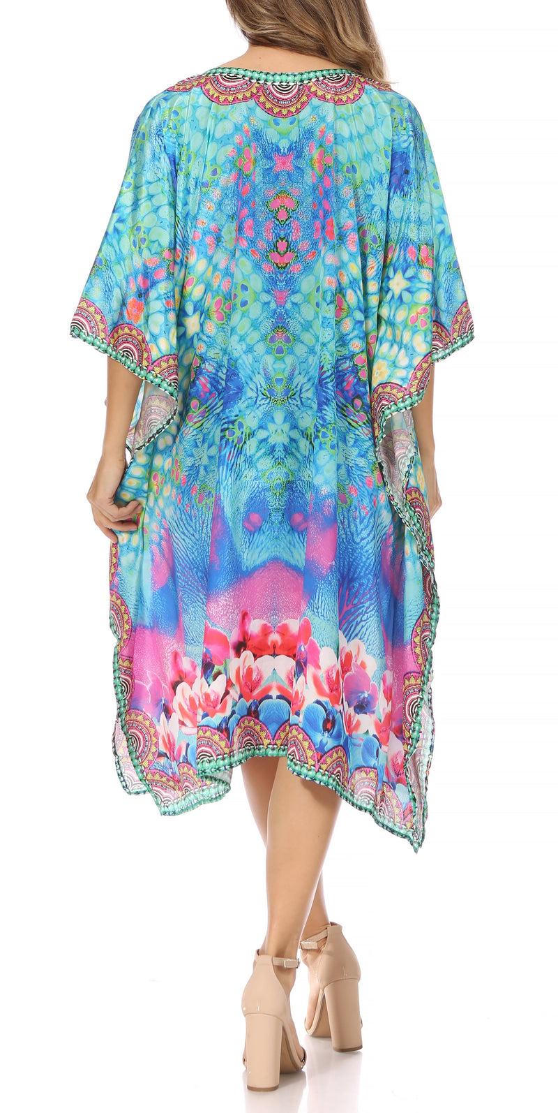 Sakkas Miui Ligthweight Rhinestone V Neck Printed Short Caftan Dress / Cover Up