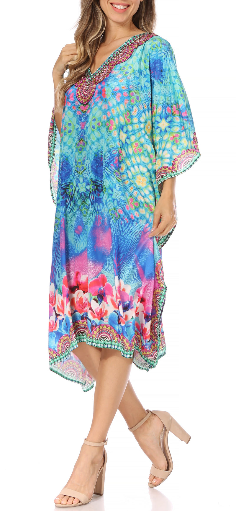 Sakkas Miui Ligthweight Rhinestone V Neck Printed Short Caftan Dress / Cover Up