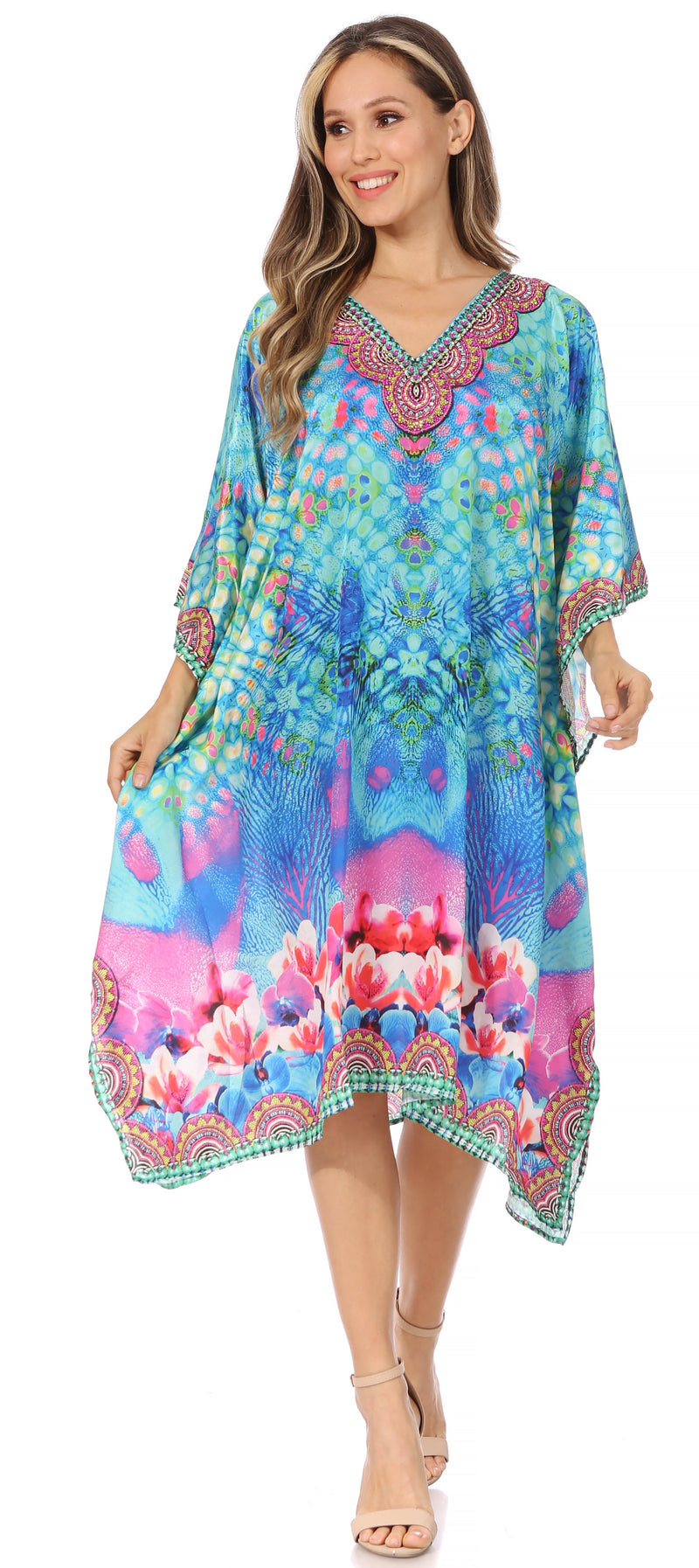 Sakkas Miui Ligthweight Rhinestone V Neck Printed Short Caftan Dress / Cover Up