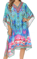 Sakkas Miui Ligthweight Rhinestone V Neck Printed Short Caftan Dress / Cover Up#color_WT39-Turquoise