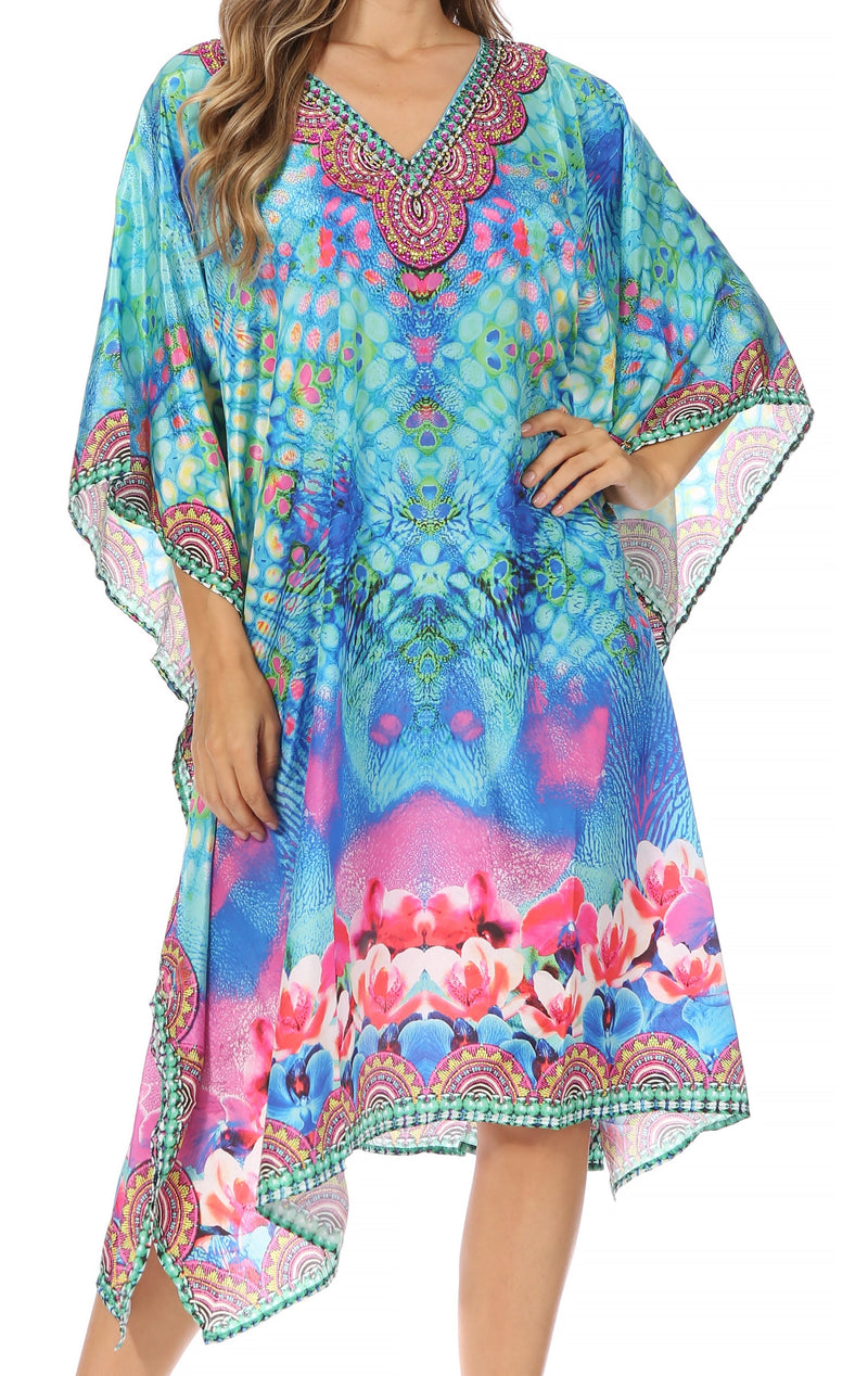 Sakkas Miui Ligthweight Rhinestone V Neck Printed Short Caftan Dress / Cover Up