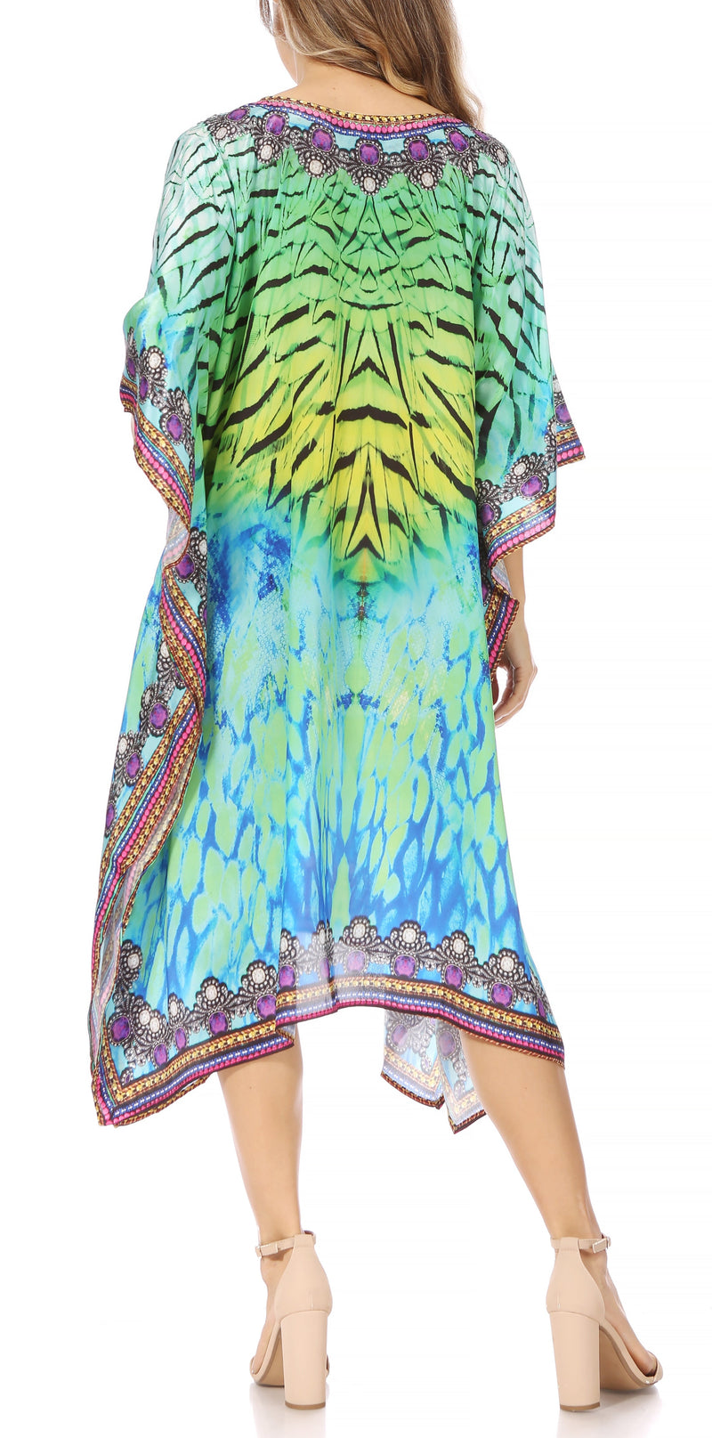 Sakkas Miui Ligthweight Rhinestone V Neck Printed Short Caftan Dress / Cover Up