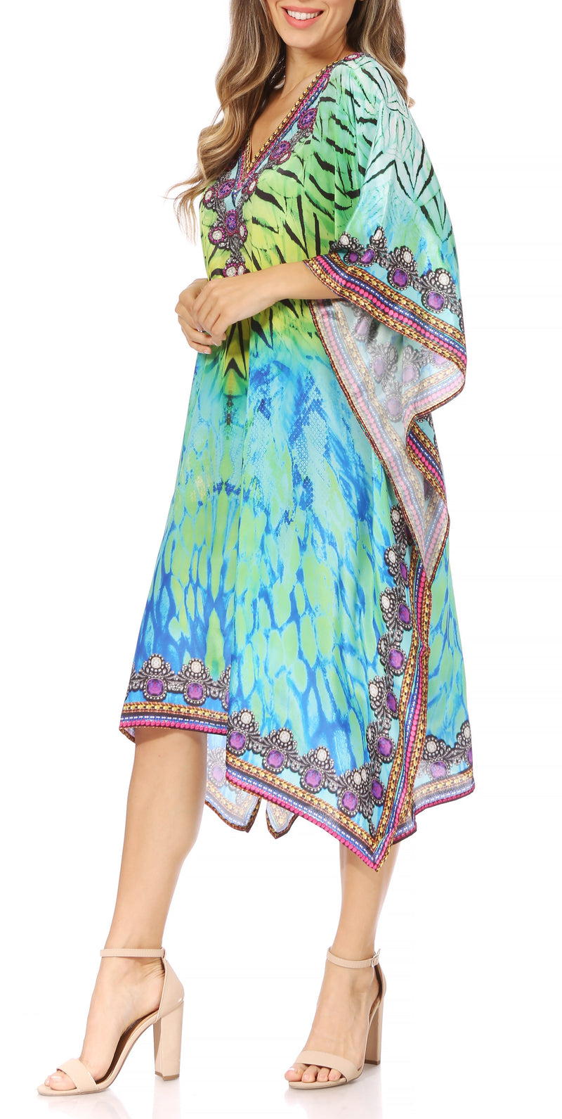 Sakkas Miui Ligthweight Rhinestone V Neck Printed Short Caftan Dress / Cover Up