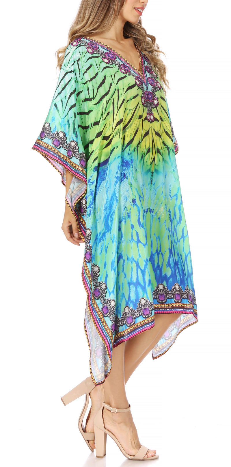 Sakkas Miui Ligthweight Rhinestone V Neck Printed Short Caftan Dress / Cover Up