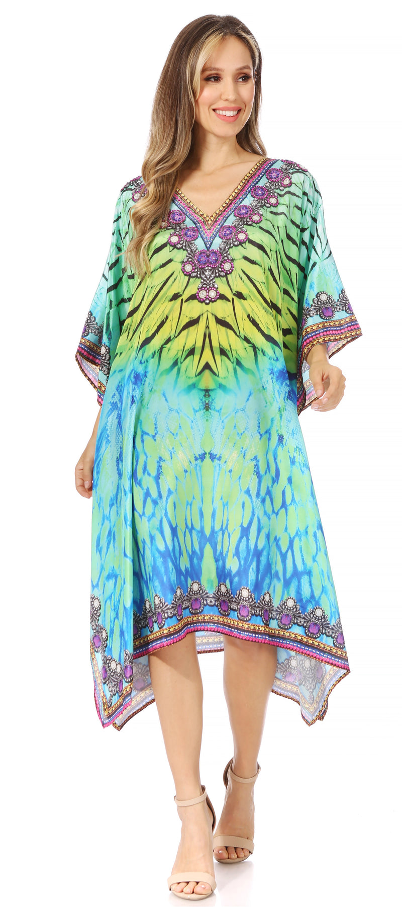 Sakkas Miui Ligthweight Rhinestone V Neck Printed Short Caftan Dress / Cover Up