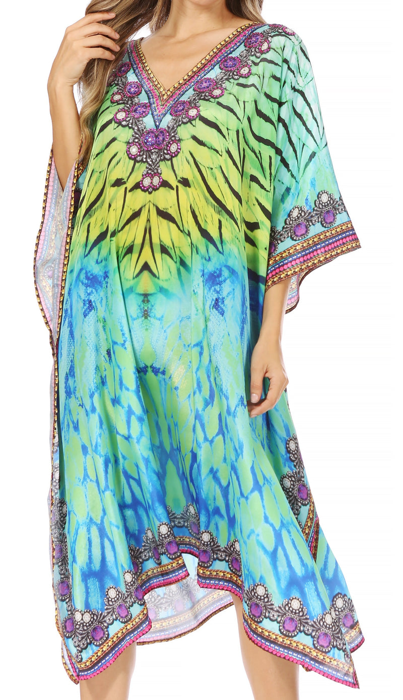 Sakkas Miui Ligthweight Rhinestone V Neck Printed Short Caftan Dress / Cover Up